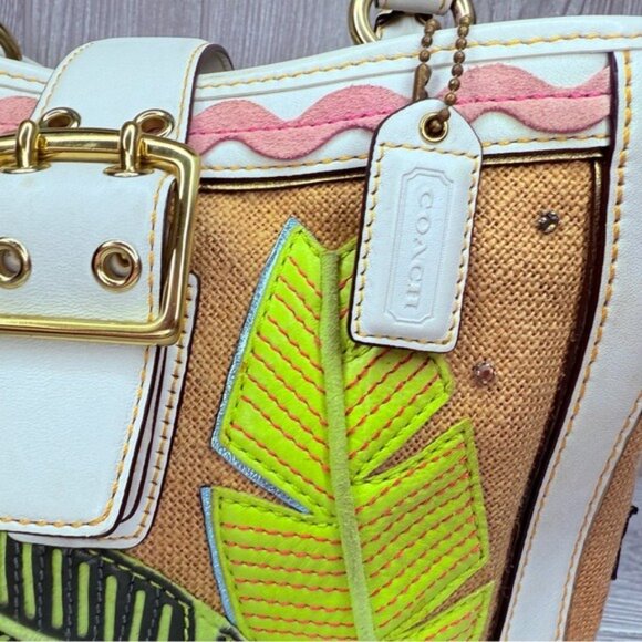 Vintage rare Coach Straw ladybug leaf tote bag purse rhinestone handbag summer - Picture 6 of 16